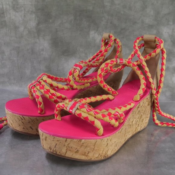 NWD Tory Burch Tie Up Pink/Tan Rope & Cork Petra Mid Wedge Wom 8.5 M $375    ANB - Picture 8 of 12